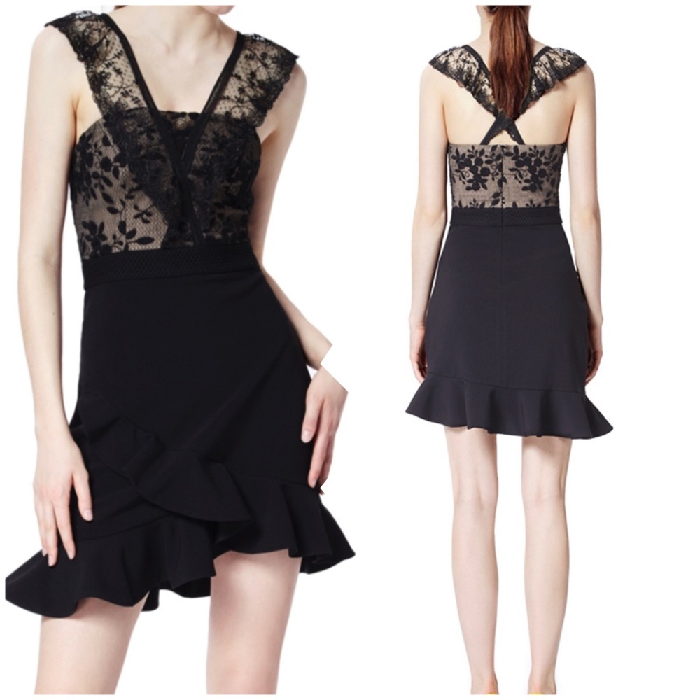 Three floor Elegant Black nude Lace Dress 2 XS